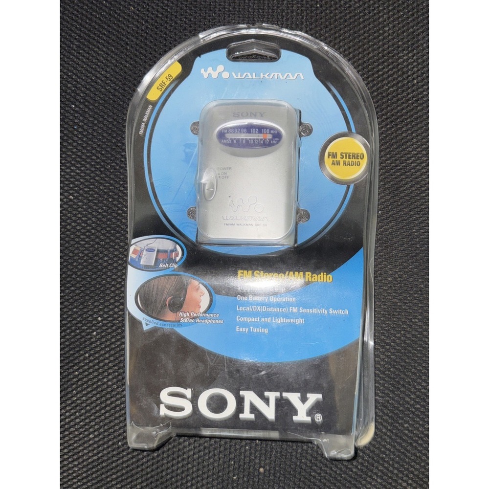 Sony SRF-59 AM FM Walkman Radio Silver w/ Headphones Belt Clip New Sealed NOS